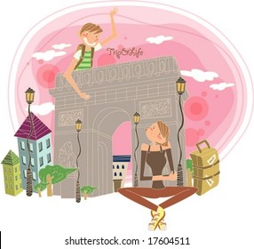 Happy Tour with Cute Friends - traveling with smiling young couple in beautiful Europe on summer holiday background with romantic pink sky and cloud : vector illustration