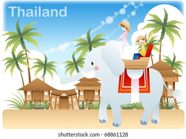 Happy Tour with Cute Friends - traveling in Thai with young female and male in summer vacation on a background of blue sky and white clouds : vector illustration