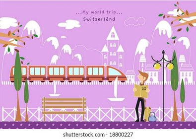 Happy Tour - traveling cute young man with guide book and suitcase in pretty street of beautiful resort park on romantic violet background : vector illustration