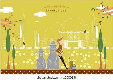 Happy Tour - traveling cute young man with guide book and Korean famous statues in a street of beautiful resort park on romantic yellow background : vector illustration