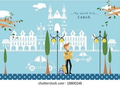 Happy Tour - traveling cute young man with beautiful famous architecture in a street of romantic city park on blue background : vector illustration