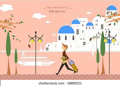 Happy Tour - traveling cute young man with beautiful famous architecture of resort island on romantic pink background : vector illustration