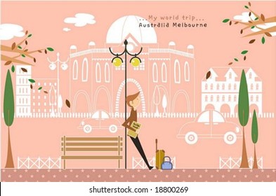 Happy Tour - traveling cute young man with guide book and bags in a road of beautiful city park on romantic pink background : vector illustration