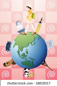 Happy Tour - traveling cute young tourist with a backpack and world famous landmarks on a beautiful globe on summer vacation background with pretty pink spiral pattern : vector illustration
