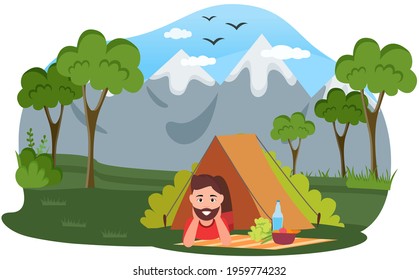 Happy tourist or backpacker lying in tent. Camping in forest, adventure tourism, backpacking, bushcraft. Scout comes for picnic, on nature hike. Male character with food and drink in tent in forest