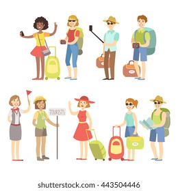 Happy Tourist With Bags And Cameras Set Flat Childish Cartoon Style Bright Color Vector Illustration On White Background