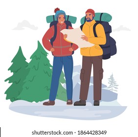 Happy tourist couple with backpacks wearing winter clothing looking at map, flat vector illustration. Winter tourism, hiking, outdoor activity.