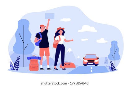 Happy tourist couple hitchhiking on road. Man and woman with backpacks standing on roadside and thumbing for ride. Vector illustration for hitchhikers, lifestyle, road trip, travel by car concept