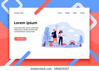 Happy tourist couple hitchhiking on road. Man and woman with backpacks standing on roadside and thumbing for ride. Vector illustration for hitchhikers, lifestyle, road trip, travel by car concept