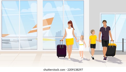 Happy tourist family with children, young boy, girl in airport terminal interior. Passangers in arrival, departure hall with luggage. Aircraft, airplane background. Time to travel. Vector illustration