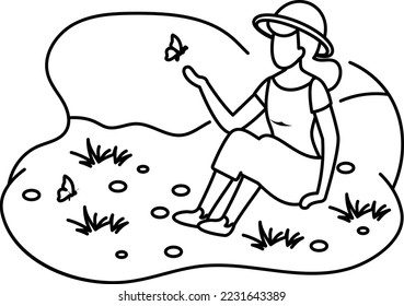 Happy Tourist Girl Chasing the Butterfly in Forest Concept, Woman observe nature vector color icon design, Outdoor weekend Activity symbol, Tourist Holiday Scene Sign, Happy people at Vacation stock