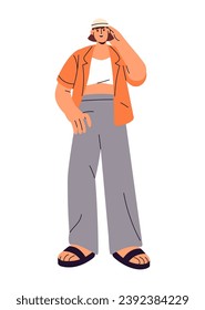 Happy tourist in hat standing. Young woman wearing summer outfit in holiday. Surprised girl in sandals with her hand on head. Travel fashion. Flat isolated vector illustration on white background