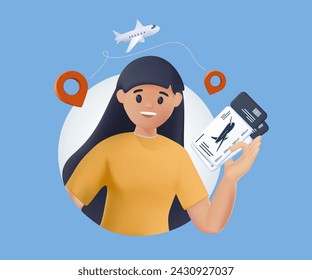 Happy tourist holding air plane tickets in hand, dreaming of airplane flight, travel. 3D Woman passenger thinking of aircraft journey, trip. 3D vector illustration isolated on white background