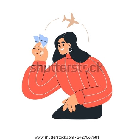 Happy tourist holding air plane tickets in hand, dreaming of airplane flight, travel. Woman passenger thinking of aircraft journey, trip. Flat vector illustration isolated on white background