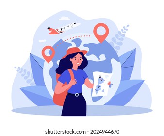 Happy tourist holding map in front of globe with location pins. Woman with backpack, plane in background flat vector illustration. Traveling, tourism concept for banner, website design or landing page