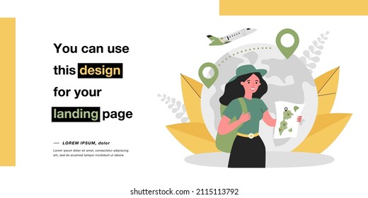 Happy tourist holding map in front of globe with location pins. Woman with backpack, plane in background flat vector illustration. Traveling, tourism concept for banner, website design or landing page