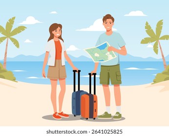 Happy tourist with Large travel bag luggage for travel and exploring the beach. The lovers holding map and passport, smiling. Summer vacation and tropical travel concept illustration.