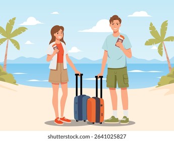 Happy tourist with Large travel bag luggage for travel and exploring the beach. The lovers holding map and passport, smiling. Summer vacation and tropical travel concept illustration.