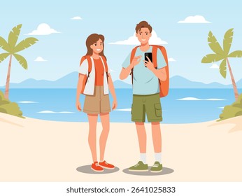 Happy tourist with Large travel bag luggage for travel and exploring the beach. The lovers holding map and passport, smiling. Summer vacation and tropical travel concept illustration.