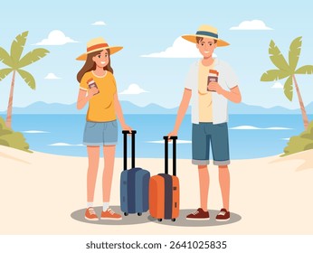 Happy tourist with Large travel bag luggage for travel and exploring the beach. The lovers holding map and passport, smiling. Summer vacation and tropical travel concept illustration.