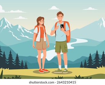 Happy tourist with Large travel bag luggage for travel and exploring the beach. The lovers holding map and passport, smiling. Summer vacation and tropical travel concept illustration.