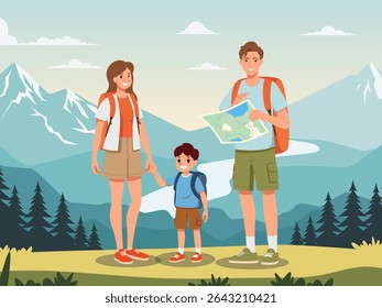 Feliz turista com pacote de bolsa de viagem grande para viajar e explorar a praia. Os amantes segurando mapa e passaporte, sorrindo. Ilustração do conceito de férias de verão e viagens tropicais.