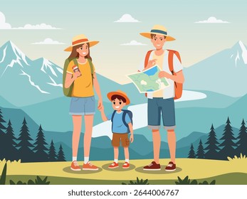 Happy tourist with Large travel bag pack for travel and exploring the beach. The lovers holding map and passport, smiling. Summer vacation and tropical travel concept illustration.