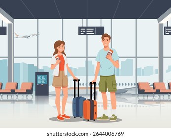 Happy tourist with Large travel bag luggage for travel and exploring the beach. The lovers holding map and passport, smiling. Summer vacation and tropical travel concept illustration.