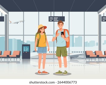 Happy tourist with Large travel bag pack for travel and exploring the beach. The lovers holding map and passport, smiling. Summer vacation and tropical travel concept illustration.
