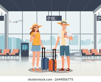 Happy tourist with Large travel bag luggage for travel and exploring the beach. The lovers holding map and passport, smiling. Summer vacation and tropical travel concept illustration.