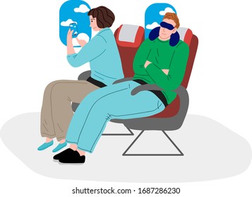 Happy tourist man and woman are sitting in airplane seats. Vector illustration in flat cartoon style.