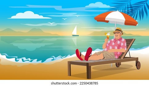 Happy tourist senior man  wear beach shirt hat lie on deckchair with cocktail in hand , holiday on vacation banner. relaxing sea view Summer vacation concept.. vector, illustration