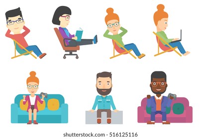 Happy tourist sitting in a folding chair. Young joyful tourist relaxing in a folding chair. Smiling tourist enjoying his holiday. Set of vector flat design illustrations isolated on white background.