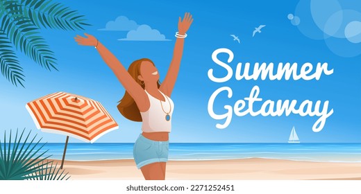 Happy tourist woman at the beach: summer vacations and travel concept