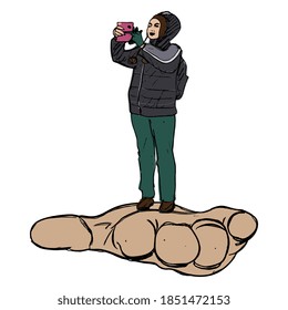 Happy tourist woman standing on human palm and taking pictures with cell phone. Creative travel concept. Hand drawn colorful sketch.