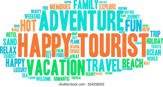 Happy Tourist word cloud on a white background. 