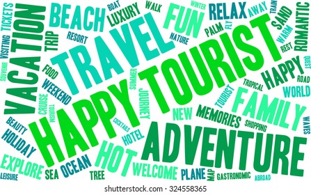 Happy Tourist word cloud on a white background. 
