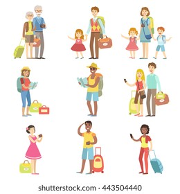 Happy Tourists With Bags And Cameras Collection Flat Childish Cartoon Style Bright Color Vector Illustration On White Background
