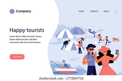Happy tourists camping. Couple taking selfie, tent, fishing flat vector illustration. Vacation, tourism, recreation outdoors concept for banner, website design or landing web page