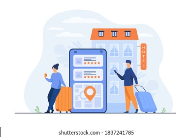 Happy tourists choosing hotel and booking room online flat vector illustration. People doing search or making choice of hostel and apartments via internet. Trip, vacation and accommodation concept