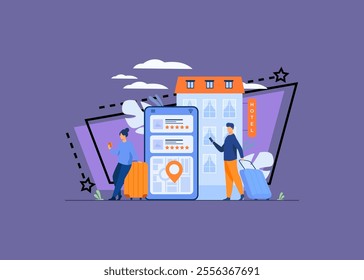 Happy tourists choosing hotel and booking room online flat vector illustration. People doing search or making choice of hostel and apartments via internet. Trip, vacation and accommodation concept