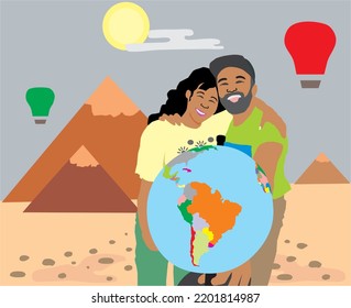 Happy tourists on the background of the Egyptian pyramids hold a globe in their hands.
Interesting photo in the desert. Vector illustration.