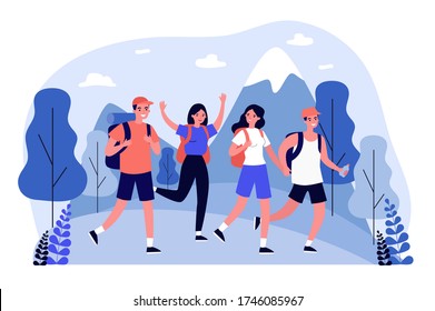 Happy tourists practicing mountain trekking. Hiking, backpacks, walking outdoors flat vector illustration. Adventure travel, outdoor tourism concept for banner, website design or landing web page