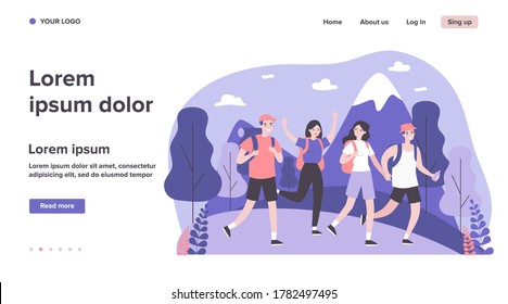 Happy tourists practicing mountain trekking. Hiking, backpacks, walking outdoors flat vector illustration. Adventure travel, outdoor tourism concept for banner, website design or landing web page