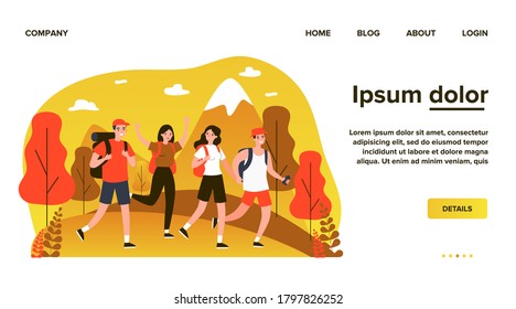 Happy tourists practicing mountain trekking. Hiking, backpacks, walking outdoors flat vector illustration. Adventure travel, outdoor tourism concept for banner, website design or landing web page