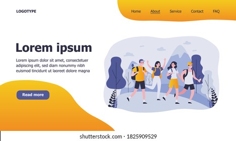 Happy tourists practicing mountain trekking. Hiking, backpacks, walking outdoors flat vector illustration. Adventure travel, outdoor tourism concept for banner, website design or landing web page