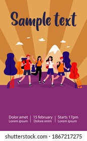 Happy tourists practicing mountain trekking. Hiking, backpacks, walking outdoors flat vector illustration. Adventure travel, outdoor tourism concept for banner, website design or landing web page