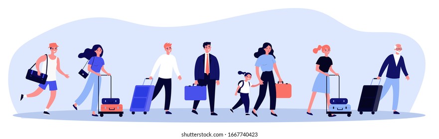 Happy tourists with suitcases walking together flat vector illustration. Group of people travelling abroad. Family with bags going from airport. Men and women during trip. Tourism and journey concept