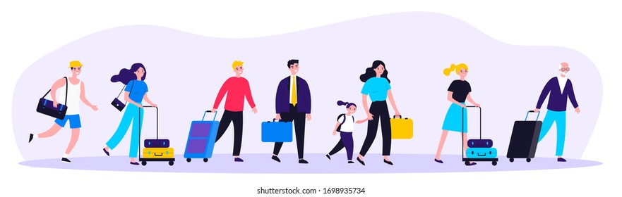 Happy tourists with suitcases walking together flat vector illustration. Group of people travelling abroad. Family with bags going from airport. Men and women during trip. Tourism and journey concept