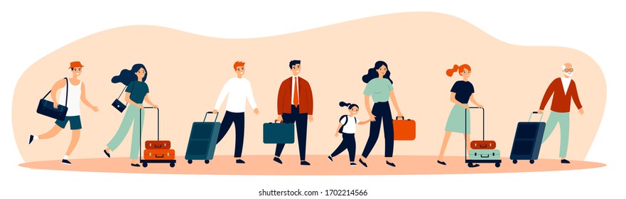 Happy tourists with suitcases walking together flat vector illustration. Group of people travelling abroad. Family with bags going from airport. Men and women during trip. Tourism and journey concept